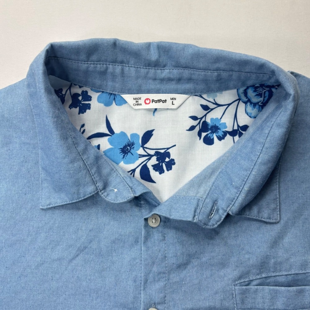 PatPat Shirt Mens XL Blue Cotton Short Sleeve Solid Button Up Casual Pocket Top - Picture 3 of 9